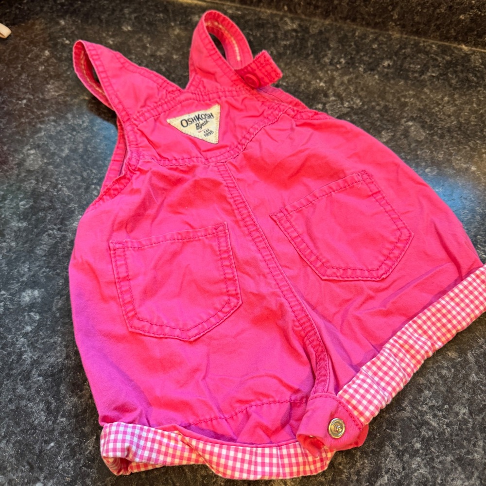 OshKosh Bgosh Pink Gingham Trim Cotton Shortalls 18 Months - Picture 5 of 8